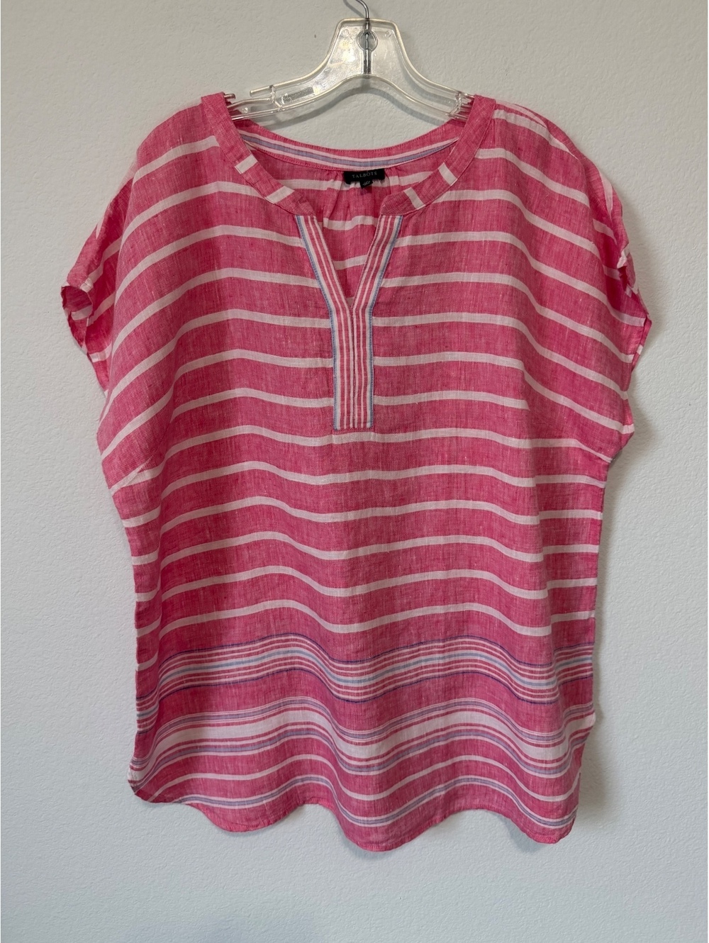 Talbots Short Sleeve V-Neck 100% Linen Pink/White Striped Popover Blouse Size XL